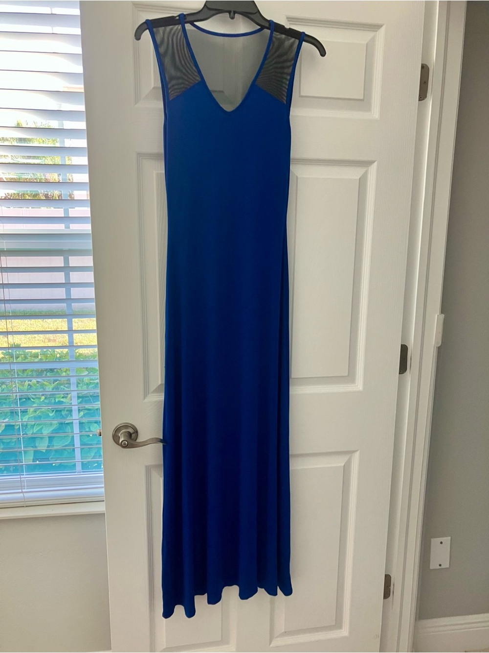 Cache Cobalt Blue Maxi Dress with Black Mesh Accents